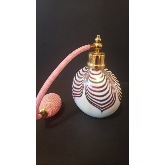 Vintage Iridescent White Atomizer: Purple Feather Design Vanity Decor - Picture 4 of 10